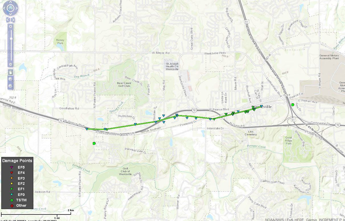 Map of Wentzville, MO tornado track on March 6th, 2017.