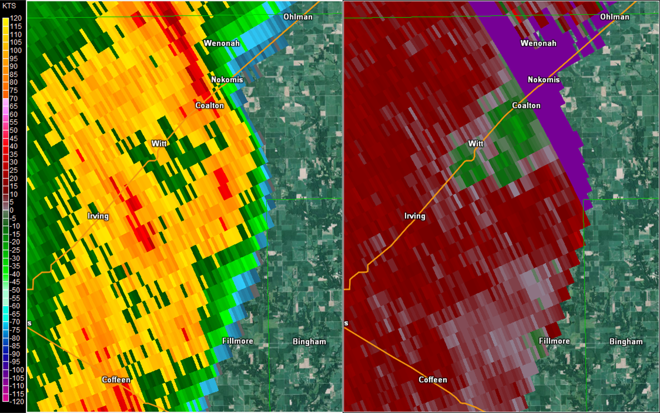 Two panel radar picture of the Witt, IL tornado, reflectivity and storm relative velocity.