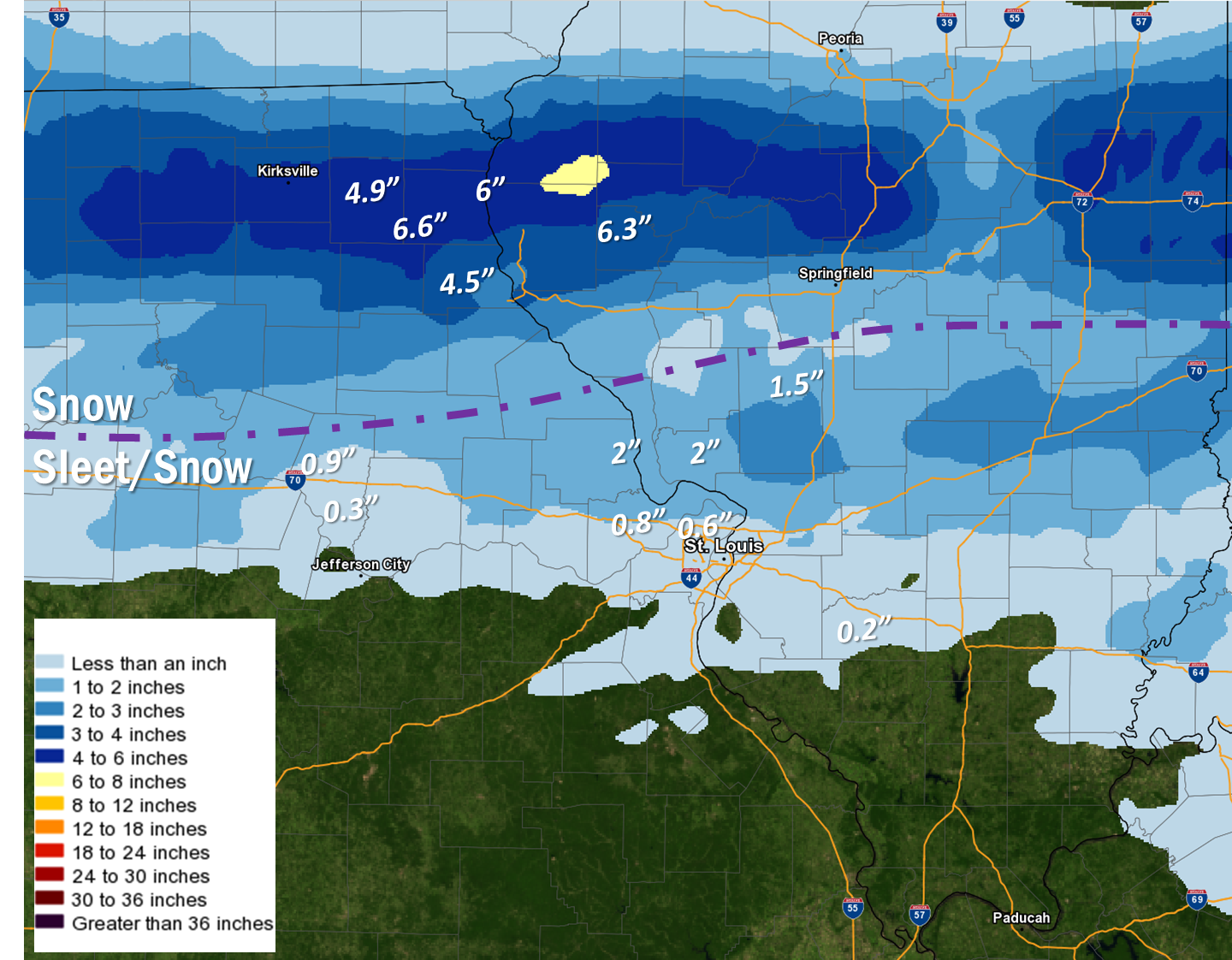 Map of storm total snowfall plotted. Includes line delineating between all snow and a sleet snow mix.