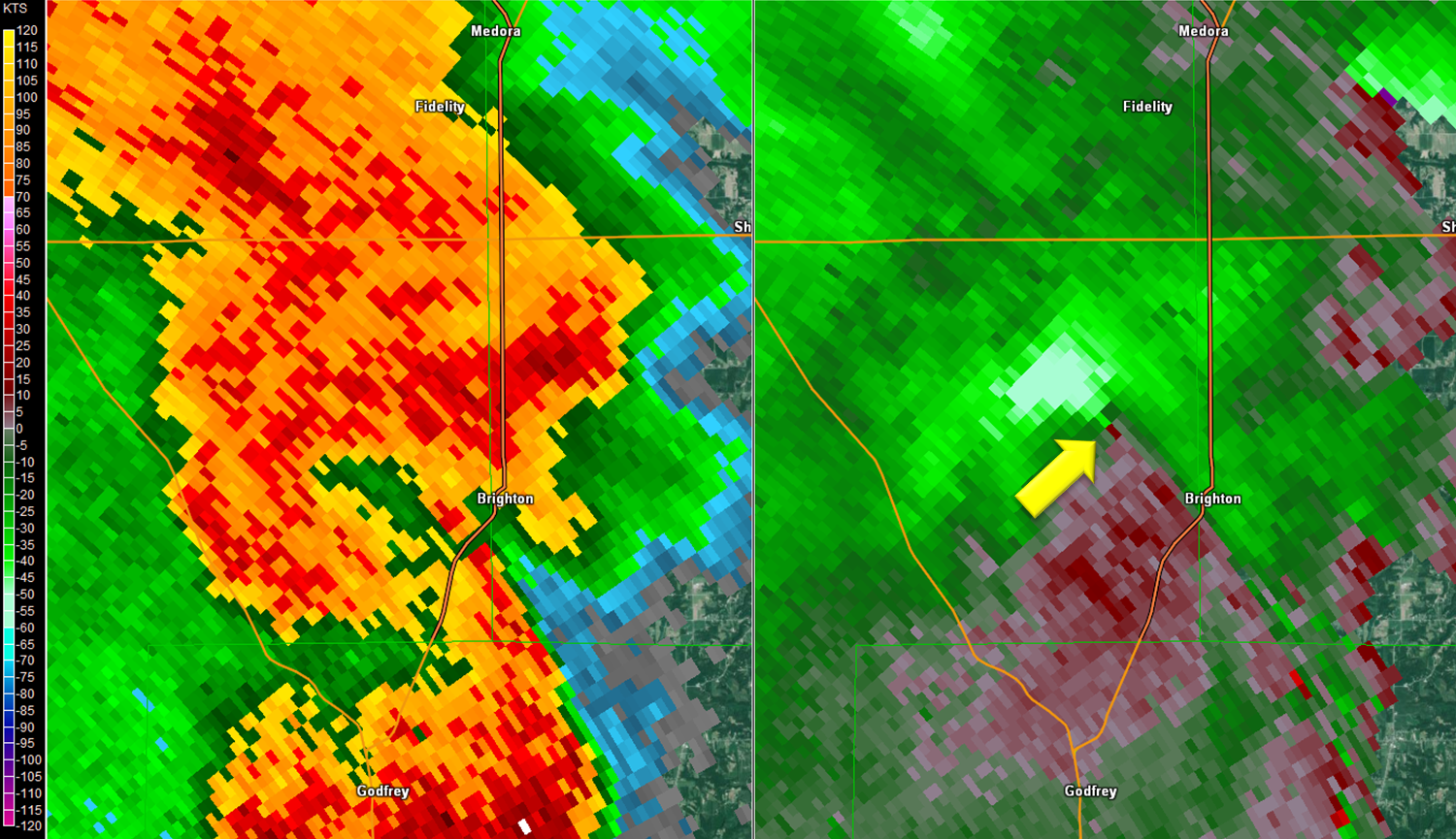Two panel radar picture of reflectivity and storm relative velocity of the Brighton, IL tornado on April 29th, 2017.
