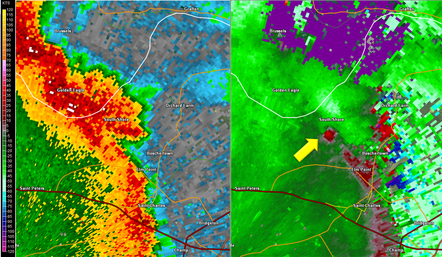Two panel radar picture of reflectivity and storm relative velocity of the Orchard Farm, MO tornado on April 29th, 2017.