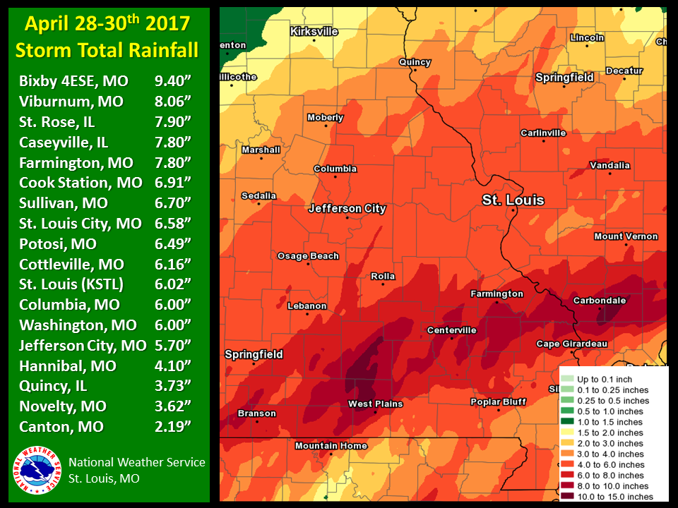 Map of storm total rainfall from April 28th through April 30th, 2017.