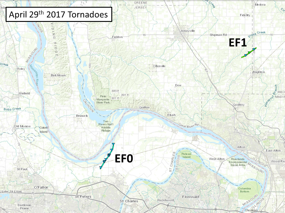 Regional map of two tornado tracks on April 29th, 2017.