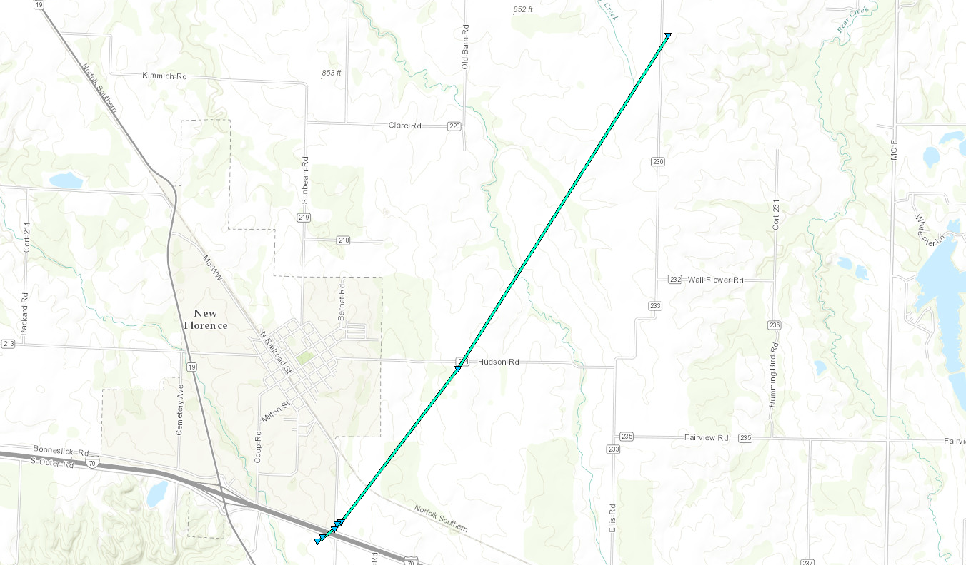 Map of the tornado track that was just east of New Florence, Missouri on May 19, 2017.