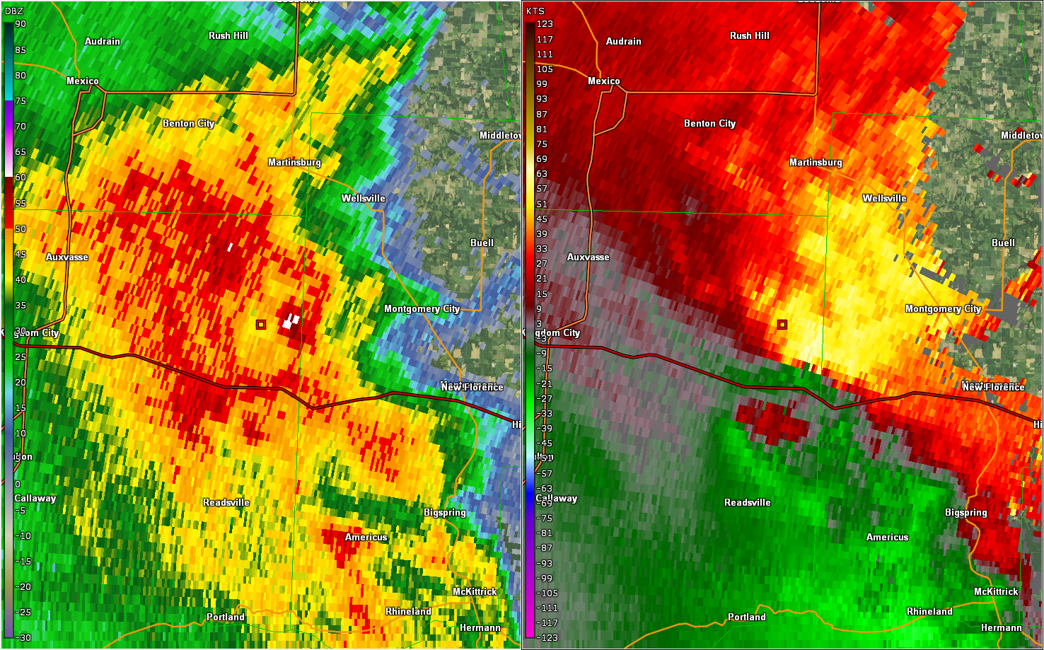 Two panel radar picture of reflectivity and storm relative velocity of the tornado.