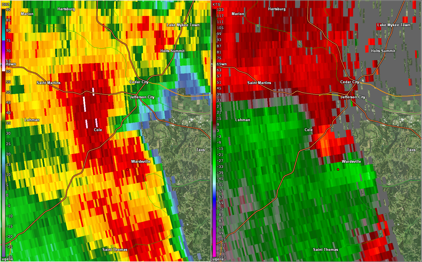 Two panel radar picture of reflectivity and storm relative velocity of the tornado.