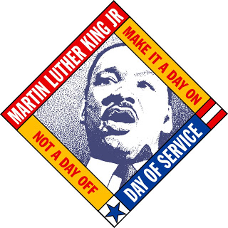 "Martin Luther King Junior, day of service, make it a day on, not a day off". Image of Martin Luther King Junior in middle of icon.