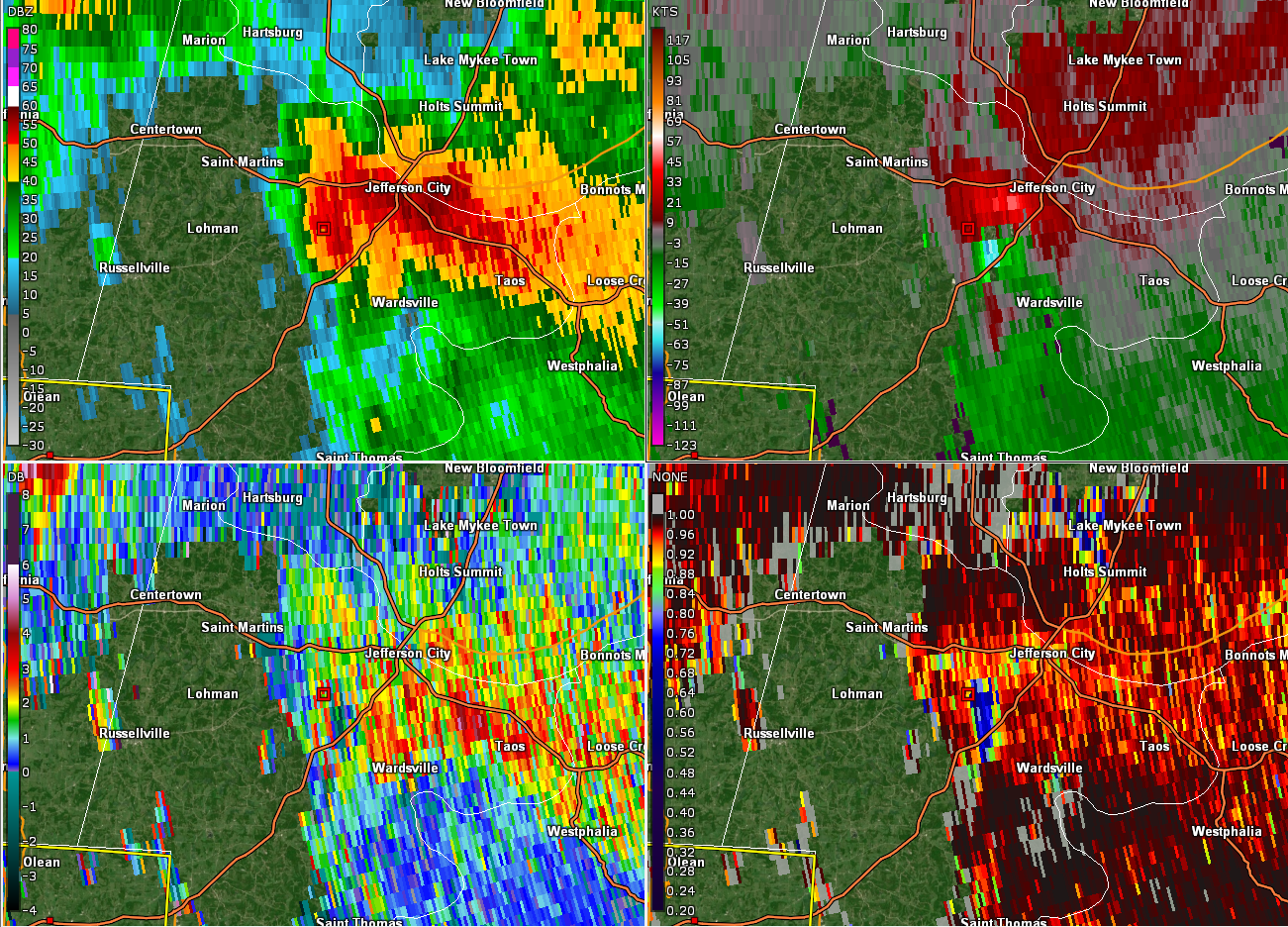 Radar four panel of tornado as it moved into Jefferson City.