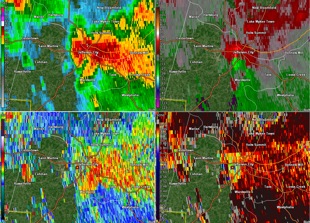 Radar four panel of tornado as it moved through Jefferson City.