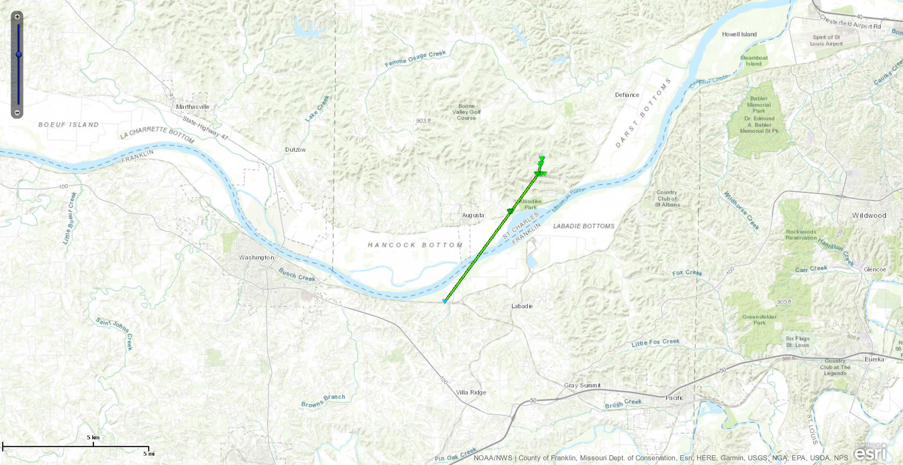 Map of the track of the Augusta, MO tornado.