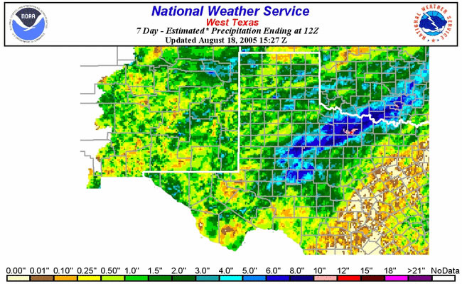Seven day total Radar derived precipitation from the 7 am August 11 through the 18th.  Click on the image for a larger view.