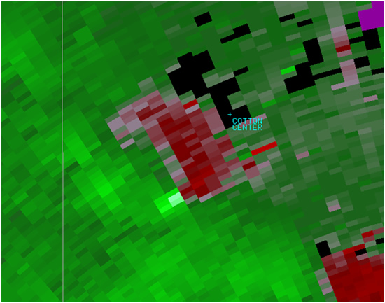 Small but intense radar signature with 80 knots of gate-to-gate rotation seen in this  Doppler radar velocity image.