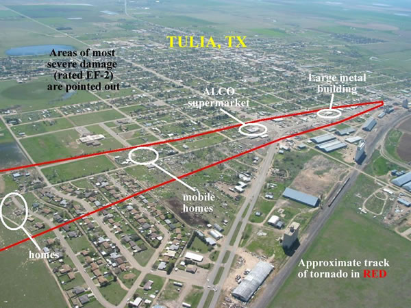 Aerial photographs of damage in Tulia after the tornado that occurred on 21 April 2007. This view is looking southeastward. The red outline roughly contains the damage track of the tornado. The areas of greatest damage (EF-2) are also depicted. Click on the individual image for a larger view. The photo was taken on 22 April 2007 by Darrin Davis and Zane Price.