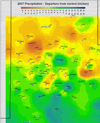 Map of 2007 rainfall departure from normal across the Lubbock County Warning Area.