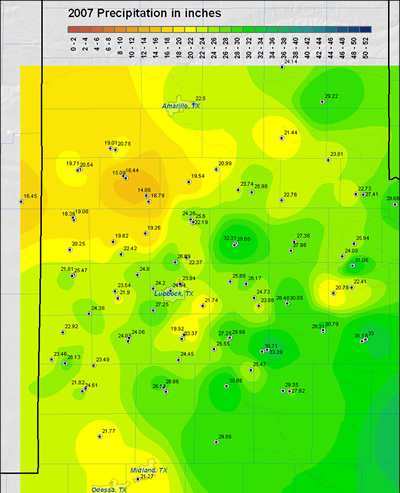 Map of 2007 rainfall across the Lubbock County Warning Area.
