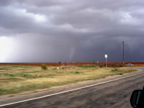Image of a tornado in southern Dawson County near Sparenberg (northwest of Ackerly) around 3:52 pm on 23 April 2008. The view is looking northeast from the Martin/Dawson County lines southeast of Patricia. Image courtesy of the West Texas Mesonet and Dave Kook. Click on the image for a larger view.