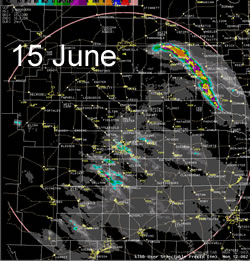 The radar 24-hr estimated precipitation from early the 15th to early on the 16th of June 2008. Click on the image for a larger view.