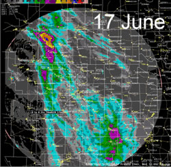 The radar 24-hr estimated precipitation from early the 17th to early on the 18th of June 2008. Click on the image for a larger view.