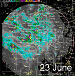 The radar 24-hr estimated precipitation from early the 23rd to early on the 24th of June 2008. Click on the image for a larger view.
