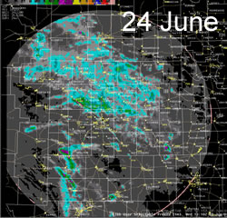 The radar 24-hr estimated precipitation from early the 24th to early on the 25th of June 2008. Click on the image for a larger view.