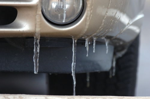 Ice crawls down from the bumper of a car in Lubbock on Monday, 5 January 2008. Picture courtesy of John Bowersmith and the Avalanche-Journal.