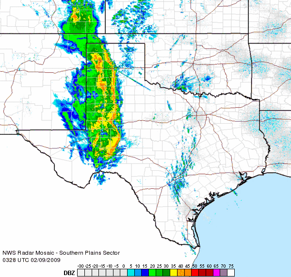Radar loop of thunderstorms tracking across West Texas 8-9 February 2009.