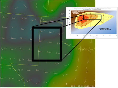 Image of relative humidity (blue=dry air to orange=moist air) and wind Saturday afternoon.  The combination of relative humidity and wind over west Texas created an environment favorable for dangerous wind-driven wildfires. Click on the image for a larger view.