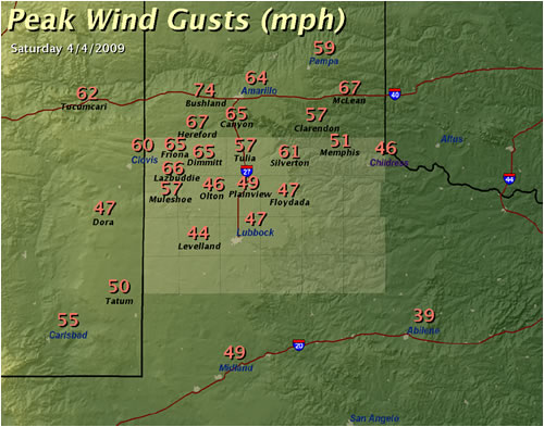 Map displaying maximum measured wind gusts across the region on 4 April 2009. Data is from the West Texas Mesonet, the National Weather Service and the KVII TV Schoolnet.