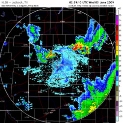 Radar image during the evening hours of 2 June 2009. Click on the image for a larger view. Images are courtesy of The National Center for Atmospheric Research.