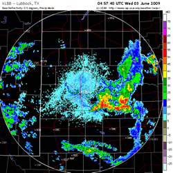 Radar image during the evening hours of 2 June 2009. Click on the image for a larger view. Images are courtesy of The National Center for Atmospheric Research.