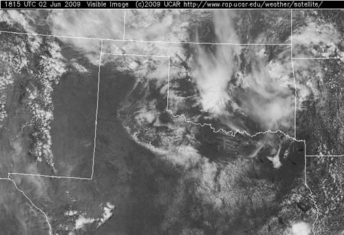 Visible satellite image taken at 1:15 pm on Tuesday, 2 June 2009. This picture was taken before thunderstorms developed across the South Plains, but does nicely depict the northwest to southeast oriented outflow boundary (with a line of cumulus clouds along it). Click on the image for a larger view. The image is courtesy of The National Center for Atmospheric Research.