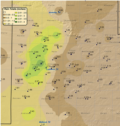 Map of rainfall that fell across the region from 19-21 June 2009. The map was created using information gathered by the NWS Cooperative Observers, the Texas Tech West Texas Mesonet, and official NWS observation stations. Click on the image for a larger view.