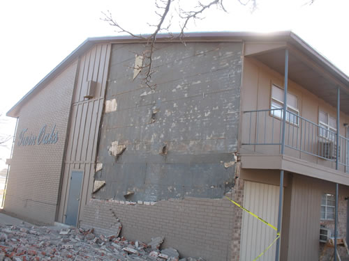 Photograph of wind damage that occurred at Twin Oaks Apartments Tuesday afternoon. Click on the photo for a larger view.