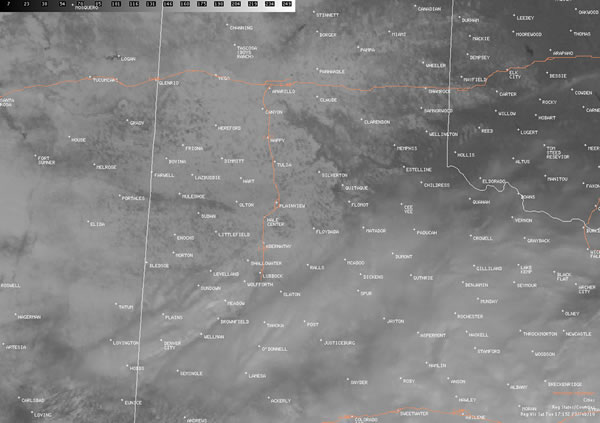 Visible satellite picture taken at 11:01 am on Tuesday, February 23rd, 2010. Clouds cover much of the Rolling Plains and southern South Plains, roughly south of a Estelline to Abernathy to Lovington line. However, the remainder of white on the image indicates widespread snow covering the ground.  Click on the picture for a larger view.