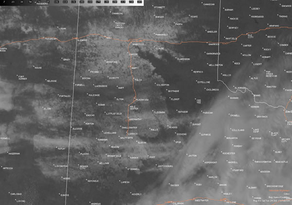 Visible satellite picture taken at 11:01 am on Tuesday, February 23rd, 2010. Clouds cover much of the Rolling Plains and southern South Plains, roughly south of a Estelline to Abernathy to Lovington line. However, the remainder of white on the image indicates widespread snow covering the ground.  Click on the picture for a larger view.