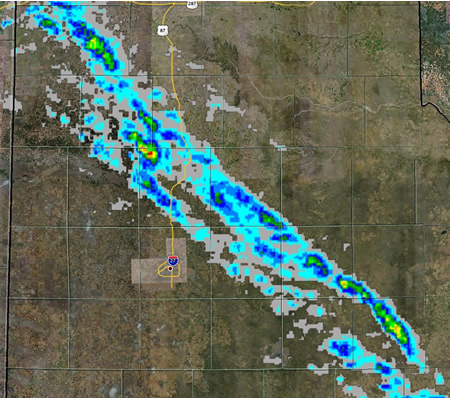 Image of the radar estimated hail size following the storm track across the South Plains area on May 17th, 2010