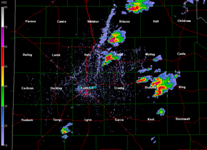 A snapshot of the Lubbock National Weather Service radar on the afternoon of 24 May 2010. The image was taken at 4:16 pm, and shows several hail producing thunderstorms. Click on the image for a larger view.