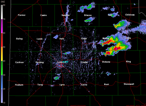 A snapshot of the Lubbock National Weather Service radar on the afternoon of 24 May 2010. The image was captured at 5:22 pm, and displays an organizing storm that eventually produced a brief funnel cloud west of Paducah. Click on the image for a larger view.