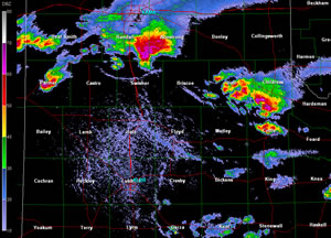 Lubbock radar reflectivity image captured at 5:20 pm on 16 September 2010. Click on the image for a larger view.