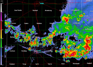 Lubbock radar reflectivity image captured at 8:11 pm on 16 September 2010. Click on the image for a larger view.