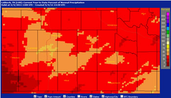 Year to date precipitation percent of normal through May 4, 2011. Click on the image for a larger view.