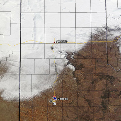 Visible satellite image on Tuesday afternoon (February 8, 2011).  Most of the white on the map represents low clouds, through areas of snow can be seen on the edge of the Caprock to the north-northeast of Lubbock. Click on the image for a larger view.