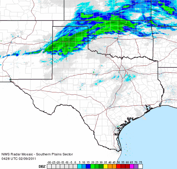 Radar loop ending at 11:38 pm on Tuesday evening (February 8, 2011). A large band of snow can be seen extending from northern Oklahoma into east-central New Mexico.