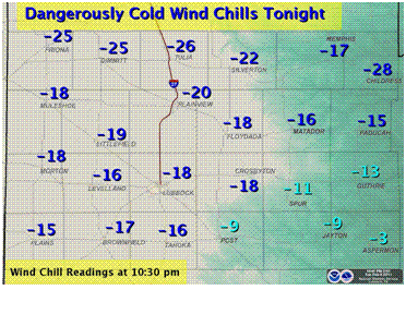 Wind chill observations around 10:30 pm on Tuesday evening (February 8, 2011). The data are coutesy of the West Texas Mesonet and the NWS. Click on the map for a larger view.