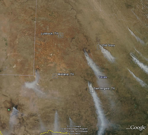 MODIS Satellite imagery of West Texas on the afternoon of Friday, April 15, 2011. Many burn scars and smoke plumes can be seen. Additionally, a large dust plume is noted from the eastern Texas Panhandle into western North Texas, where northwesterly winds gusted over 50 and 60 mph. Click on the image to view a larger version. Image is courtesy of the NASA/GSFC, MOSDIS Rapid Response.