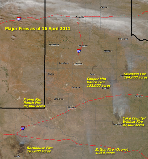 MODIS Satellite imagery of West Texas on the afternoon of Friday, April 16, 2011. Many burn scars and smoke plumes can be seen.  Click on the image to view a larger version. Image is courtesy of the NASA/GSFC, MOSDIS Rapid Response.