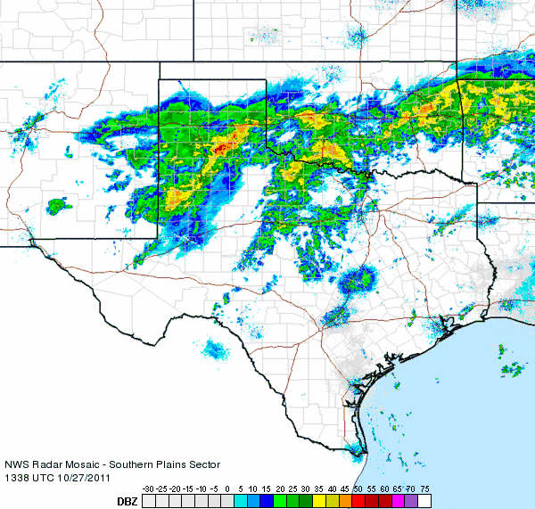 Radar animation valid from 8:38 to 9:48 am on 27 October 2011.  