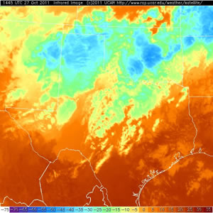 Infrared satellite imagery captured at 9:45 am on 27 October 2011. Click on the picture for for a larger view.