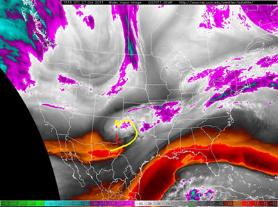 Water vapor image captured at 10:15 am on 27 October 2011. The upper level storm system that brought the rain and areas of snow to the region in denoted.  Click on the picture for for a larger view.