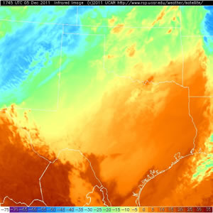 Infrared satellite picture taken at 11:45 am CST 5 December 2011. Click on the image for a larger view.